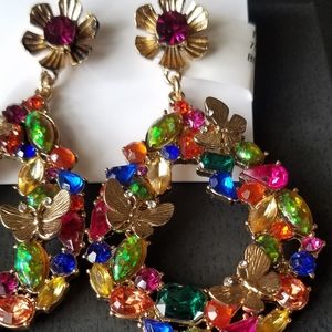 Betsey Johnson statement earrings rhinestone flowers butterfly
